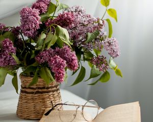 Preview wallpaper lilac, flowers, book, glasses