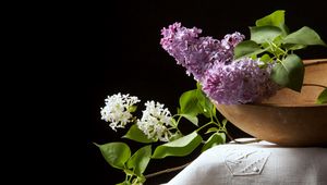 Preview wallpaper lilac, white, purple, bowl, cloth, black background