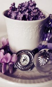 Preview wallpaper lilacs, flowers, watches, perfumes, tea set