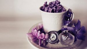 Preview wallpaper lilacs, flowers, watches, perfumes, tea set