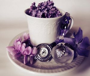 Preview wallpaper lilacs, flowers, watches, perfumes, tea set