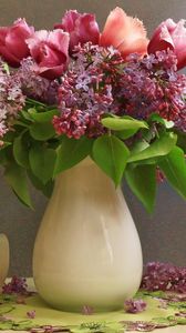 Preview wallpaper lilacs, tulips, flower, spring, vase, petals, napkin