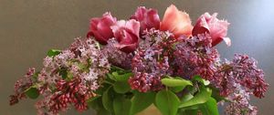 Preview wallpaper lilacs, tulips, flower, spring, vase, petals, napkin