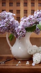 Preview wallpaper lilacs, twigs, pitcher, bench, scissors