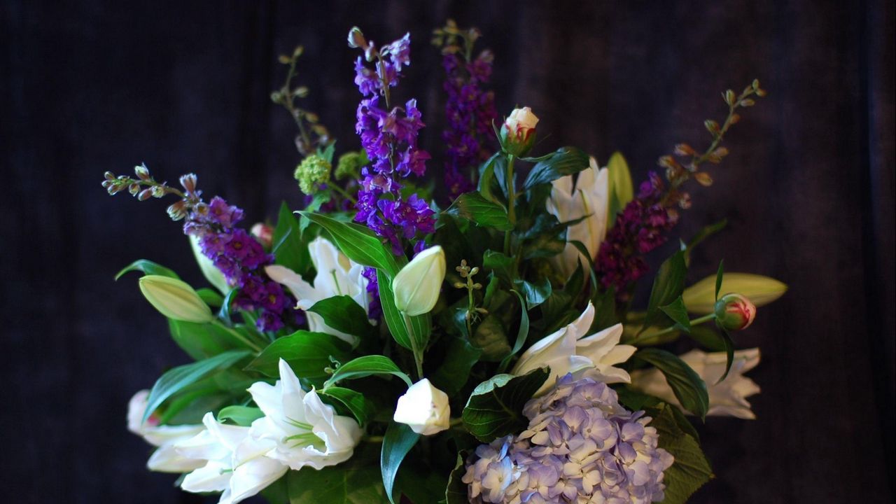 Wallpaper lilies, delphinium, hydrangea, flowers, bouquets, composition, design