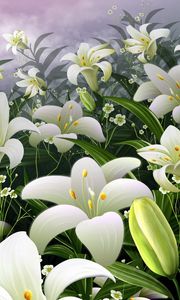 Preview wallpaper lilies, flowers, meadow, bud, stamens, sky