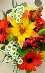 Preview wallpaper lilies, gerberas, chrysanthemums, leaves, flowers, bouquet