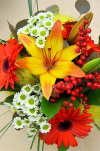 Preview wallpaper lilies, gerberas, chrysanthemums, leaves, flowers, bouquet