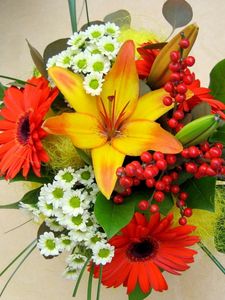 Preview wallpaper lilies, gerberas, chrysanthemums, leaves, flowers, bouquet