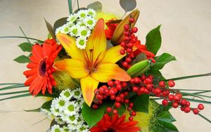 Preview wallpaper lilies, gerberas, chrysanthemums, leaves, flowers, bouquet