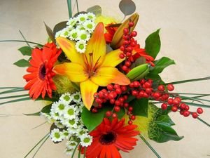 Preview wallpaper lilies, gerberas, chrysanthemums, leaves, flowers, bouquet