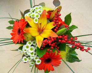 Preview wallpaper lilies, gerberas, chrysanthemums, leaves, flowers, bouquet