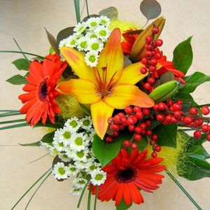 Preview wallpaper lilies, gerberas, chrysanthemums, leaves, flowers, bouquet