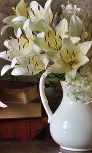 Preview wallpaper lilies, hydrangeas, flower, book, vase, peas, notes