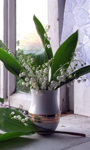 Preview wallpaper lilys of the valley, vase, lilac, window, sill, spring