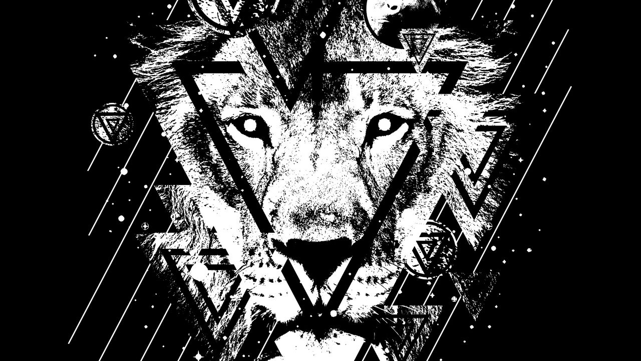 Wallpaper lion, art, bw, triangles, lines, spots