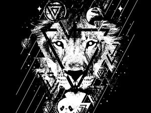 Preview wallpaper lion, art, bw, triangles, lines, spots