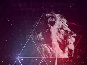 Preview wallpaper lion, art, starry sky, triangles