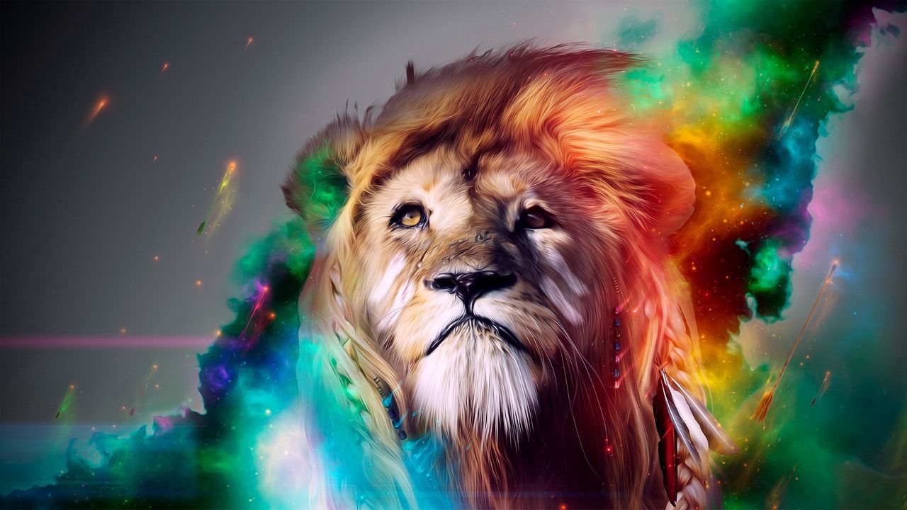 Wallpaper lion, big cat, face, smoke, colored