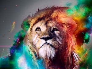 Preview wallpaper lion, big cat, face, smoke, colored