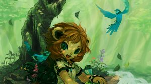Preview wallpaper lion cub, art, girl, fantasy, forest, cute, beasts