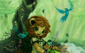 Preview wallpaper lion cub, art, girl, fantasy, forest, cute, beasts
