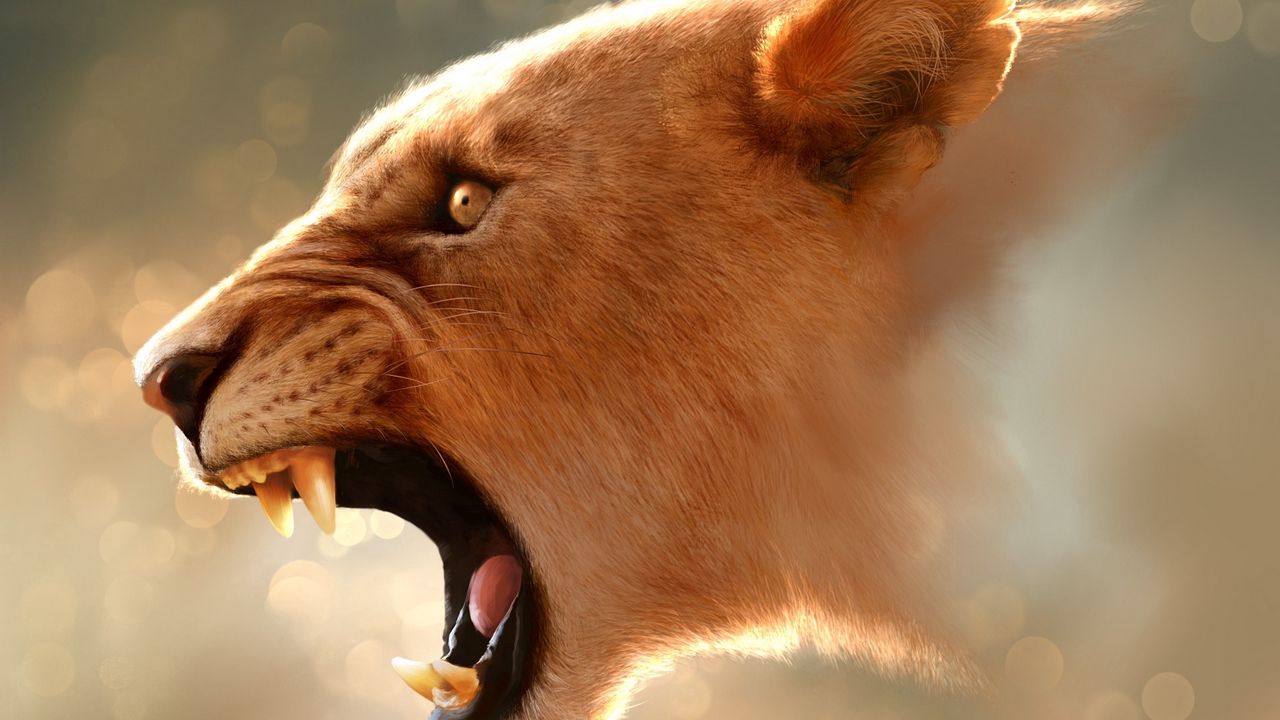 Wallpaper lion, face, glare, teeth, profile