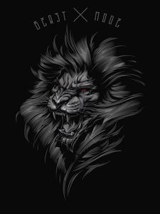 Preview wallpaper lion, grin, art, inscription, gray, black