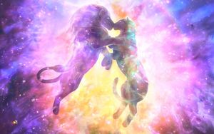 Preview wallpaper lion, lioness, kiss, silhouettes, space, starry sky
