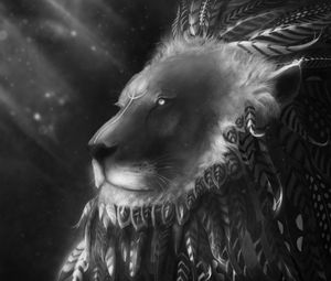 Preview wallpaper lion, predator, feathers, bw