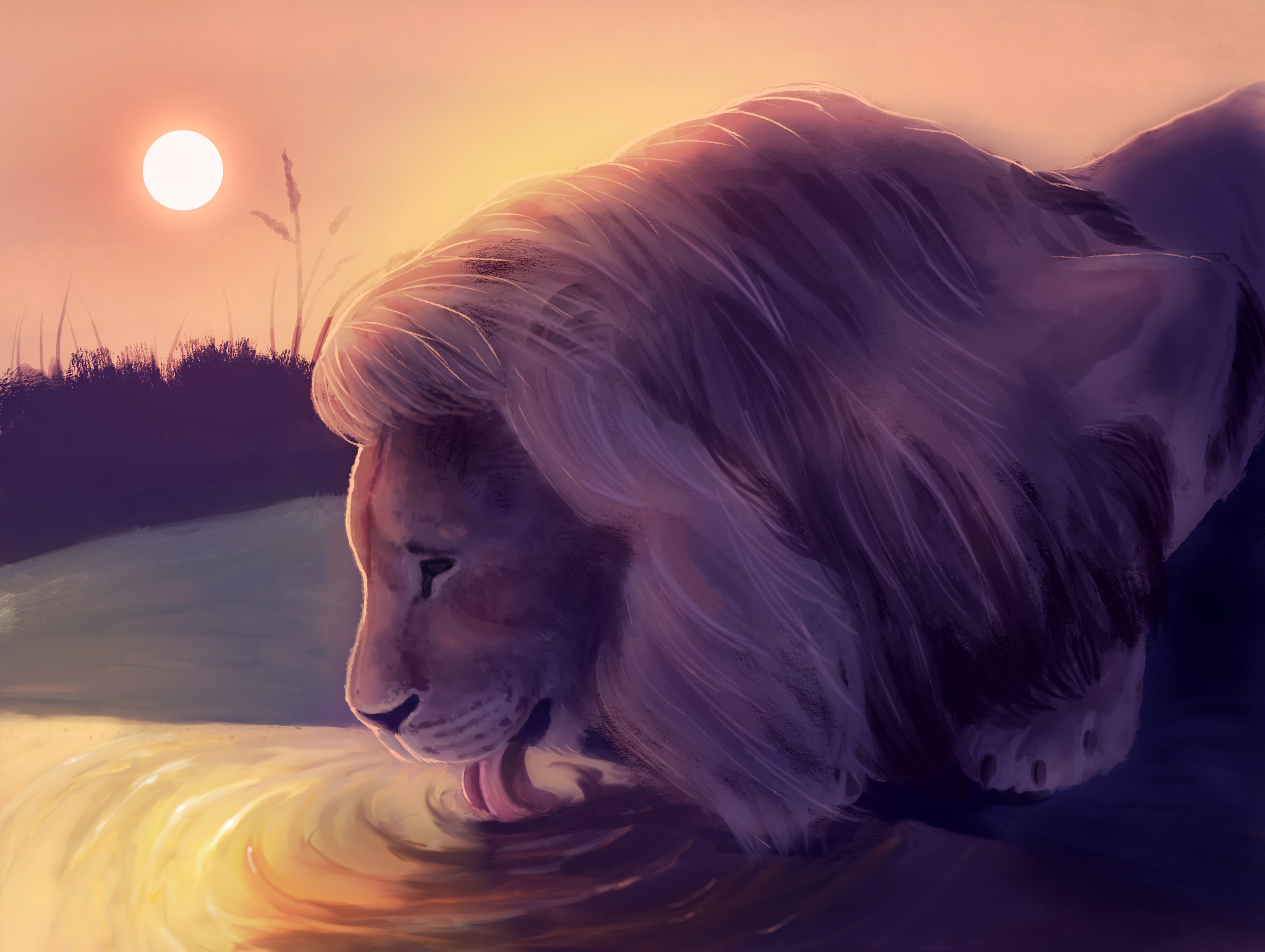 Download wallpaper 3840x2890 lion, water, protruding tongue, art