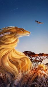 Preview wallpaper lioness, cute, bird, grass, art