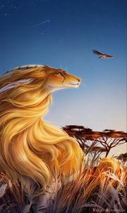 Preview wallpaper lioness, cute, bird, grass, art