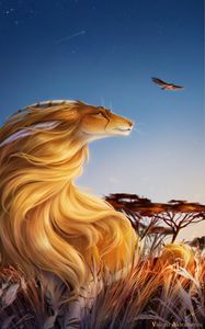 Preview wallpaper lioness, cute, bird, grass, art