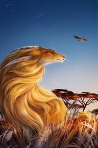 Preview wallpaper lioness, cute, bird, grass, art