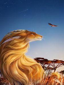 Preview wallpaper lioness, cute, bird, grass, art