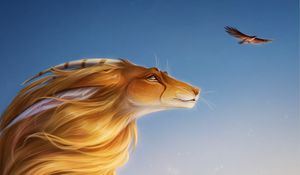 Preview wallpaper lioness, cute, bird, grass, art