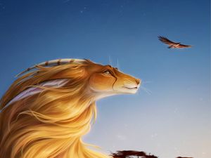 Preview wallpaper lioness, cute, bird, grass, art