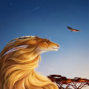 Preview wallpaper lioness, cute, bird, grass, art