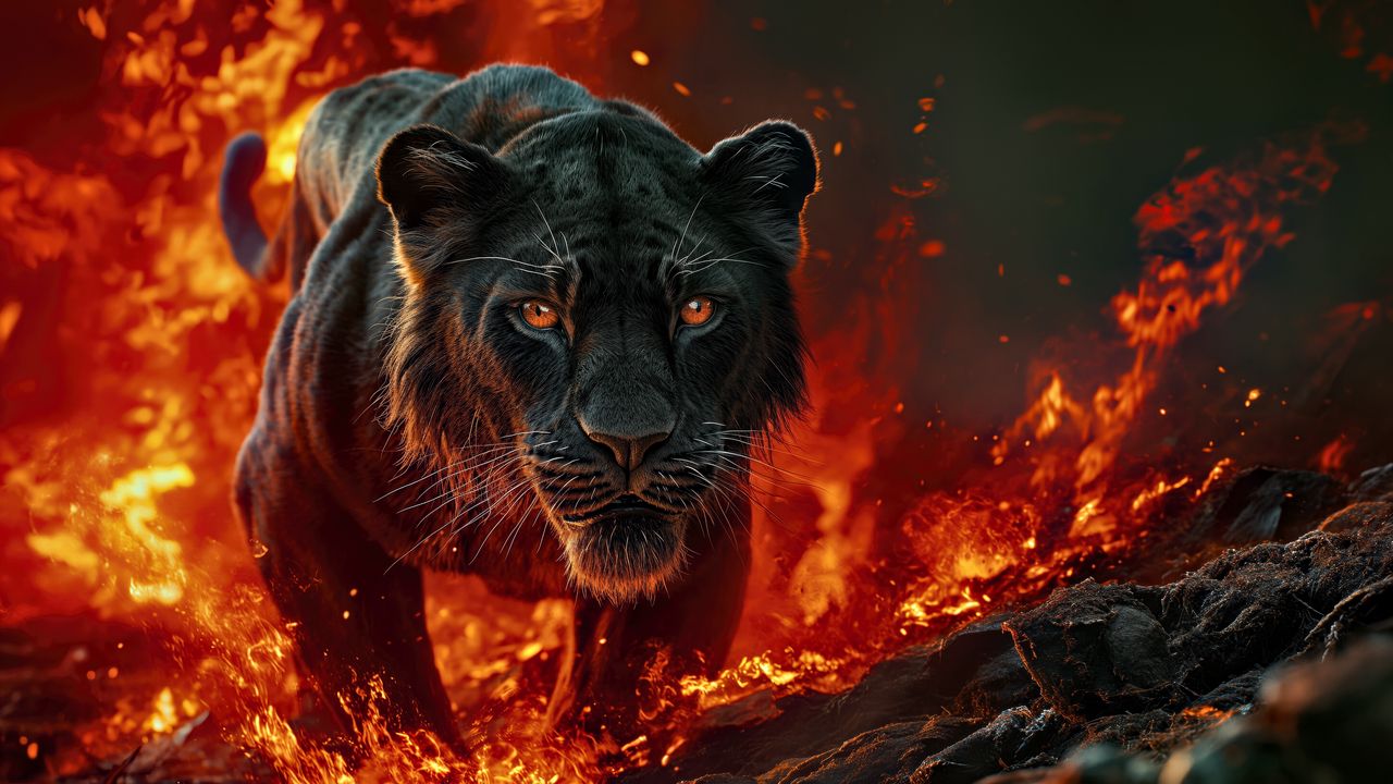 Wallpaper lioness, lion, fire, predator, big cat, art