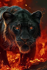 Preview wallpaper lioness, lion, fire, predator, big cat, art