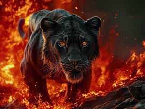 Preview wallpaper lioness, lion, fire, predator, big cat, art