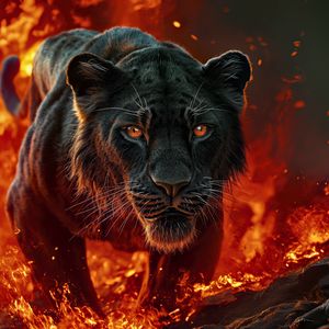 Preview wallpaper lioness, lion, fire, predator, big cat, art