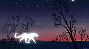 Preview wallpaper lioness, predator, glow, night, trees, art