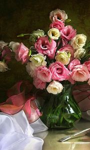 Preview wallpaper lisianthus russell, bouquet, vase, fabric, silk, tea pair