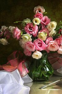 Preview wallpaper lisianthus russell, bouquet, vase, fabric, silk, tea pair