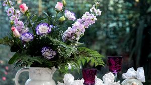 Preview wallpaper lisianthus russell, gillyflower, flowers, bouquets, pitcher, cups, glasses, angels