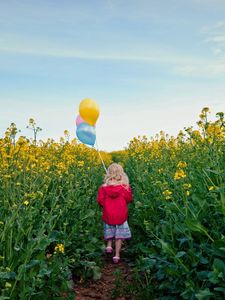 Preview wallpaper little girl, meadow, mood, balloons