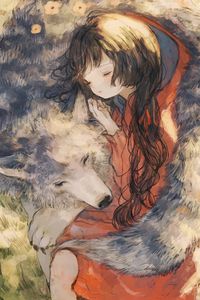 Preview wallpaper little red riding hood, girl, wolf, anime