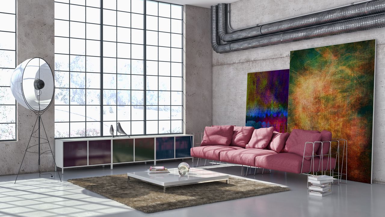 Wallpaper living, art, concrete, furniture, pipes